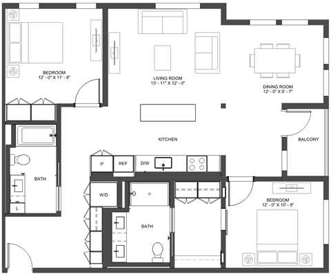 Floor plan for 2 beds, 2 baths, 1247 sqft